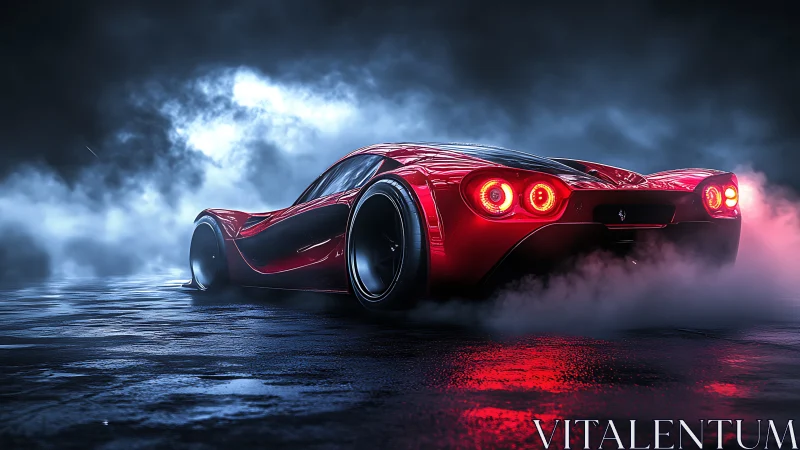 Red hypercar cuts neon mist on wet asphalt at night.