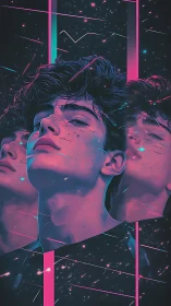 Cyberpunk triptych portrait with neon magenta-blue lighting.