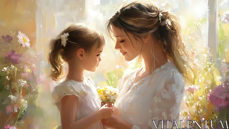 Impressionist digital painting of mother and daughter in flowers