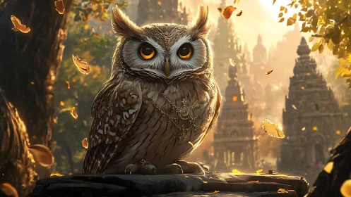 Majestic Owl with Jewelry in Mystical Ancient Temple Landscape.