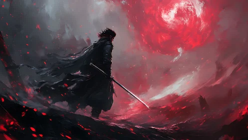 Lone swordsman faces swirling red storm in dark landscape