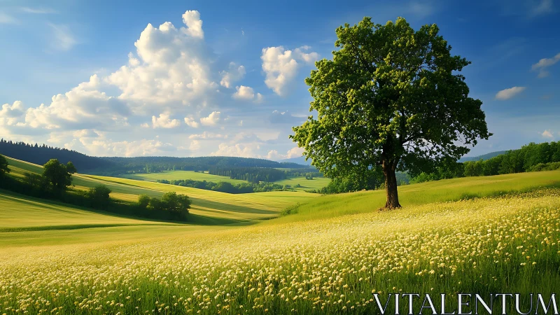 Isolated deciduous tree anchors rolling meadow under cumulus sky
