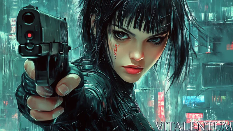 Neon city gunslinger locks target in electric blue rain.