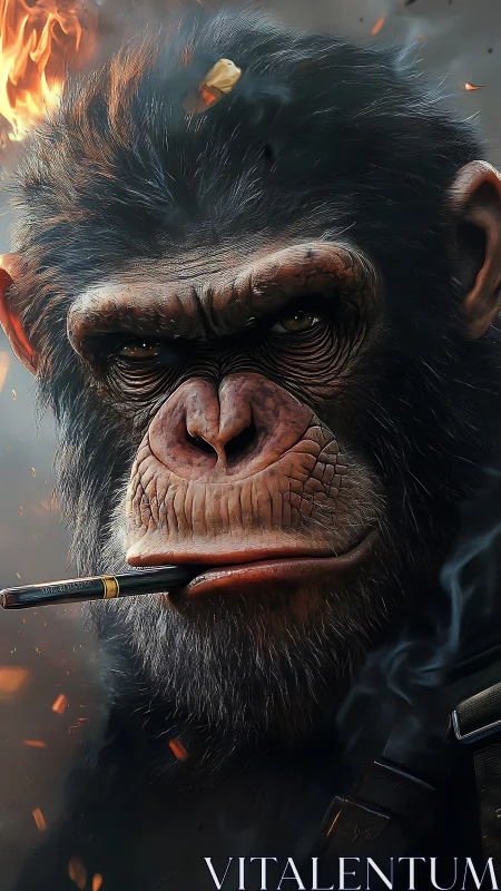 Battle-hardened chimp commander smolders amid flying embers.