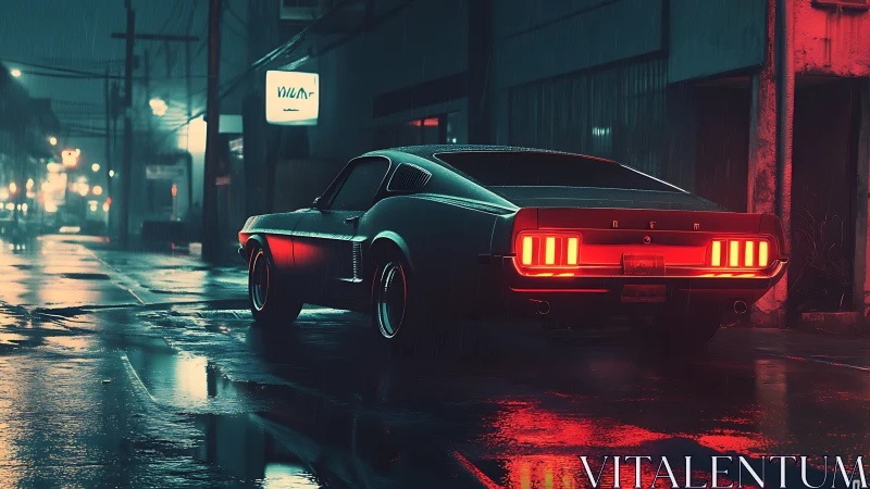 Muscle car idles in neon-lit rain on a moody city street