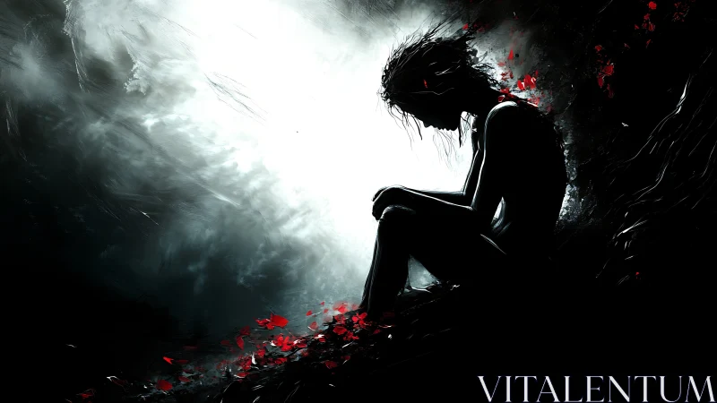 Silhouetted figure sits in void beside scattered red petals