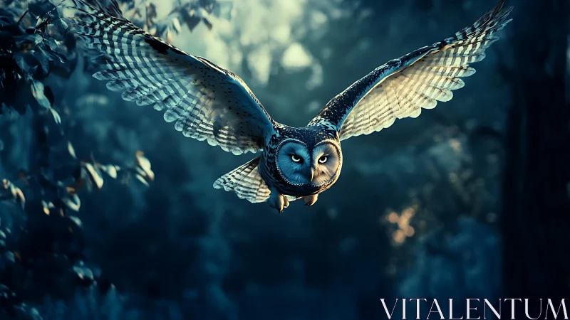 Majestic owl in flight through a mystical forest at twilight.