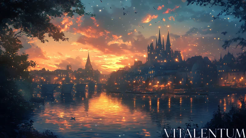 Medieval riverside city glows under vivid sunset sky