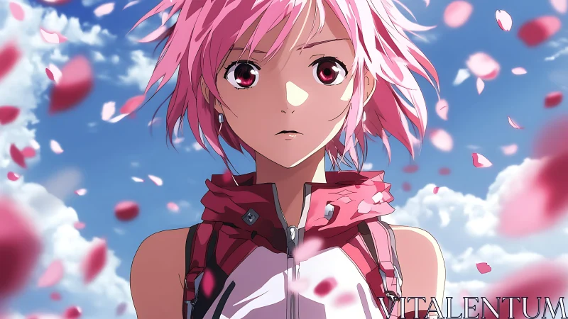 Pink haired anime girl amid drifting petals under blue sky