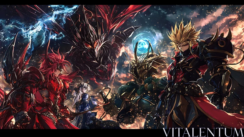 Celestial duel of armored rivals beneath stormlit dragons.