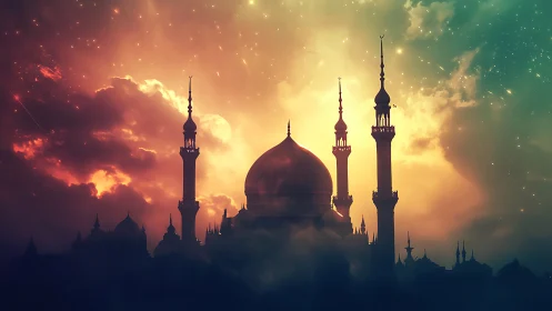 Silhouetted domed structure stands before luminous sky gradient