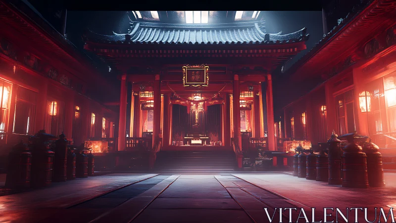 Digital render shows symmetrical red temple interior in haze
