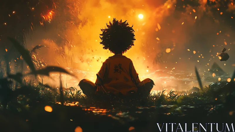 Solitary seated figure observes luminous forest clearing