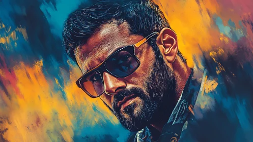 Stylized male portrait with bold sunglasses and neon brushwork.