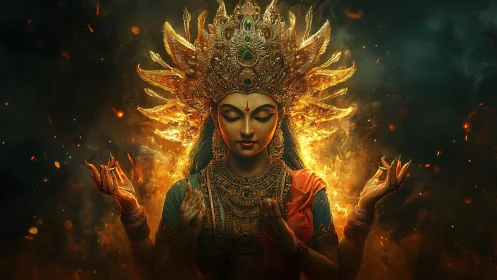 Fire crowned goddess closes her eyes and quiets the storm