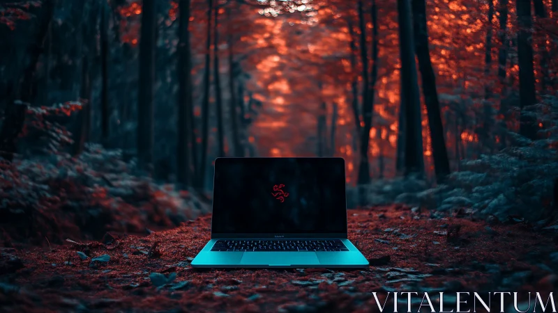 Laptop centered in teal and red forest landscape scene.