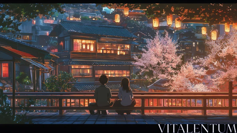 Twilight cherry blossoms over lantern lit hillside village scene.