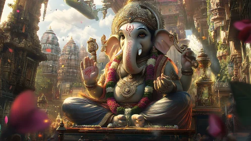 Large ornate Ganesh statue sits in detailed temple city