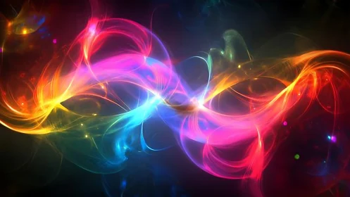 Luminous neon energy waves swirl across a dark cosmic void.