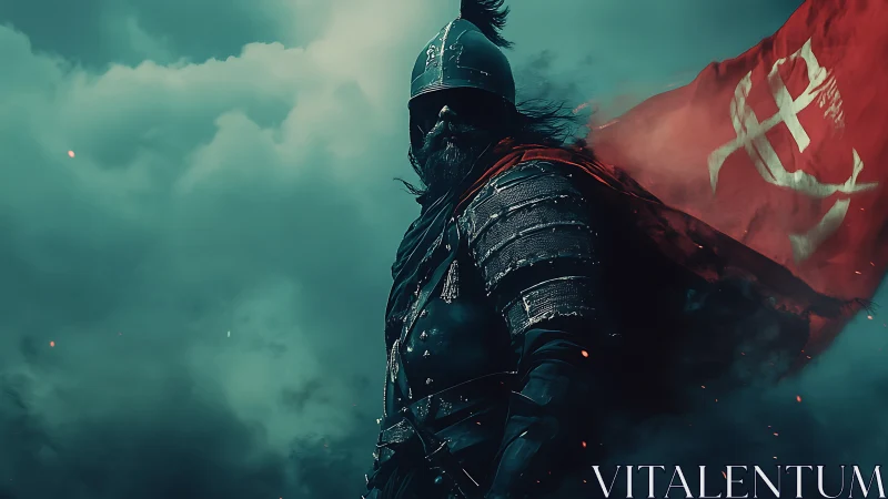 Storm-forged warlord strides through embers and battle fog.