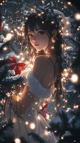 Luminous winter anime portrait with bokeh wreath illumination.