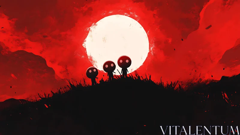 Silhouetted figures on ridge against large white sun disk.