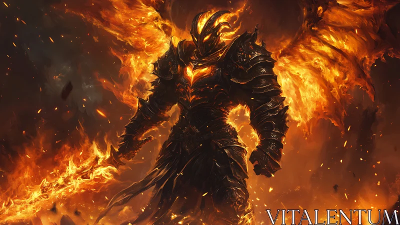 Infernal armored demon commands blazing hellfire storm.