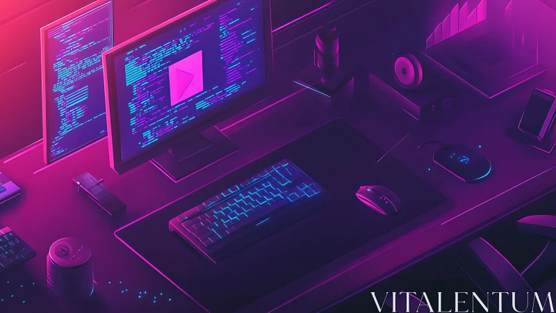 Neon lit dual monitor programming workstation with peripherals