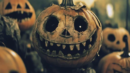 Decayed carved pumpkin with jagged teeth in close focus.