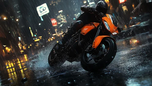 Photorealistic urban night rider on orange sport motorcycle.