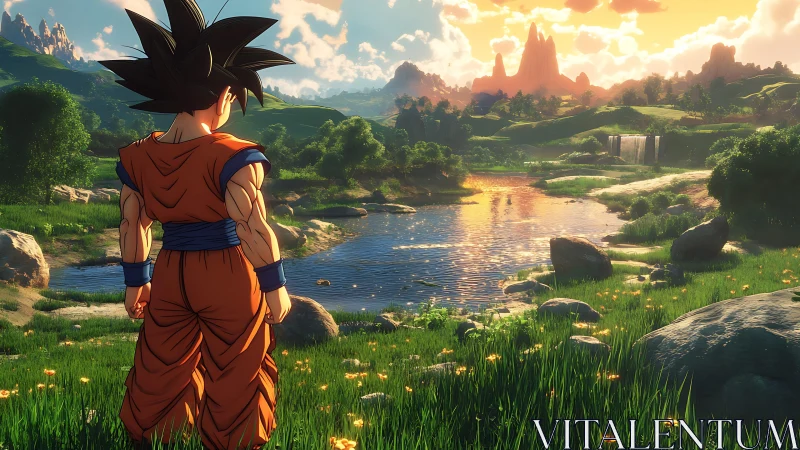 Sunlit warrior gazes over a peaceful valley of glowing water