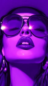 Neon purple stylized woman portrait in oversized sunglasses.