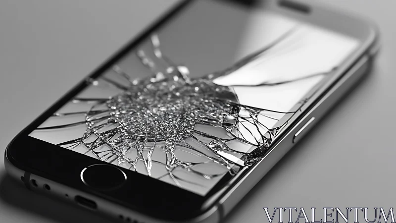 Shattered smartphone display with intricate radial cracks.