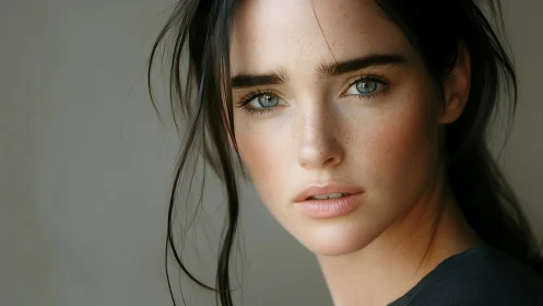 Portrait shows close view of young woman with neutral gaze