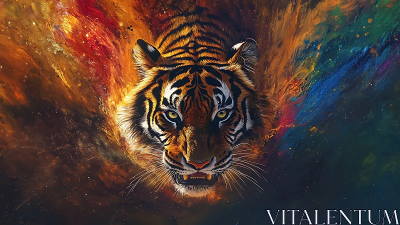 Digital tiger portrait bursting through cosmic color storm.