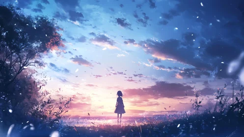 Silhouetted girl observes luminous dusk sky over meadow