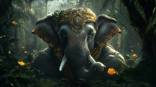 Regal jeweled elephant emerging from lush misty jungle.