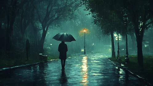 Solitary figure walking under umbrella in rainy park path.
