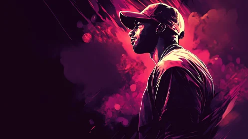 Neon-lit hip hop portrait glows in vivid magenta tones.