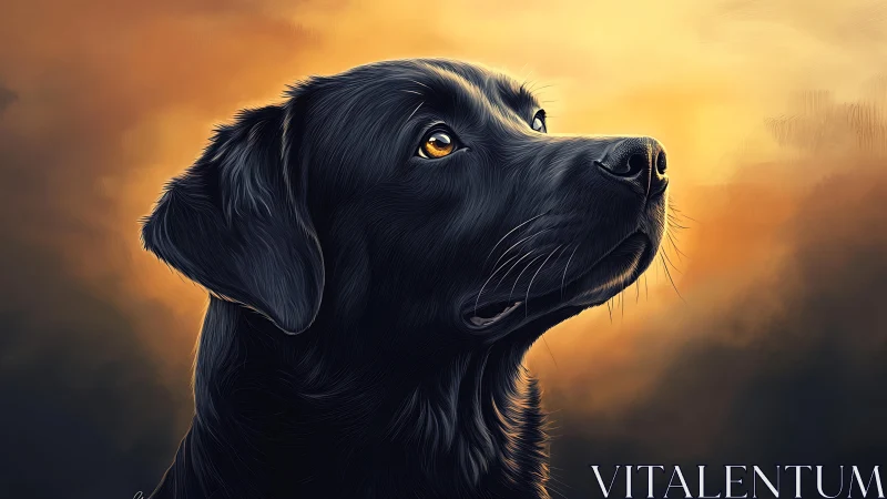 Black lab portrait against warm glowing sunset sky.