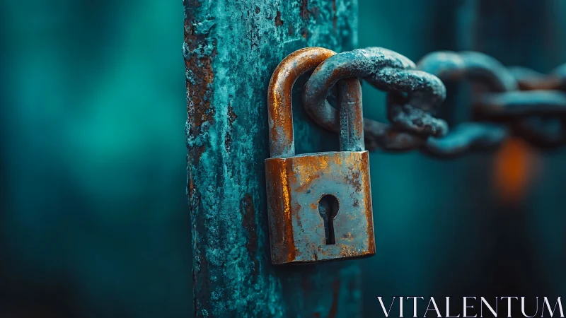 Corroded brass padlock on oxidized steel post with chain