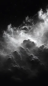 Monochrome volumetric cloud formation against star field backdrop