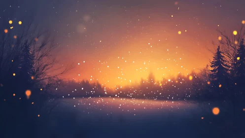 Snowlit ember sky over whispering winter forest glow.