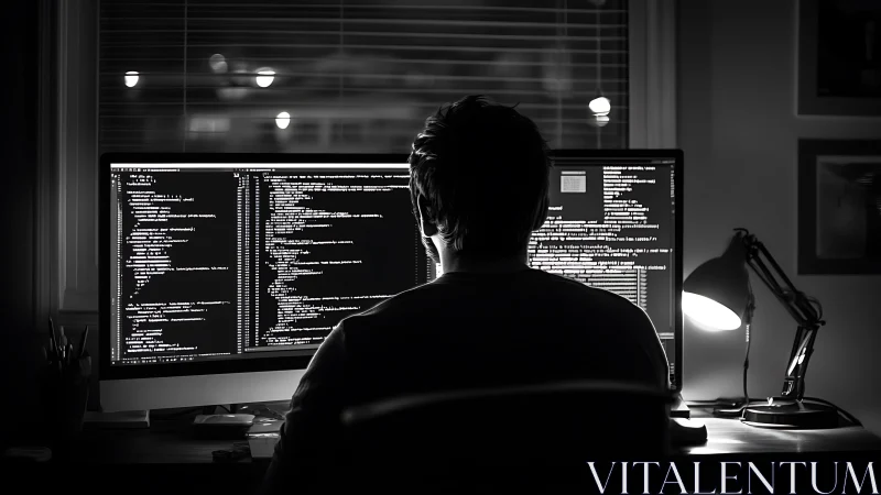 Focused night coder immersed in glowing dual monitors.
