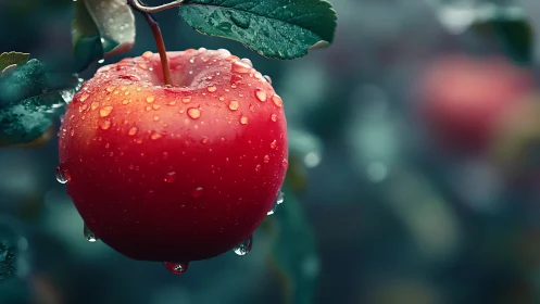Ripe red apple hangs in dewy orchard stillness at dawn.