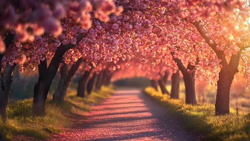 Cherry blossom tunnel glows in warm, golden spring light.