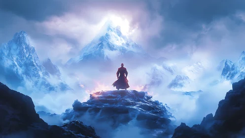 Lone robed figure overlooking luminous frozen mountain range.