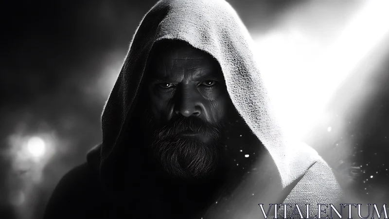 Hooded bearded man glares through stark monochrome light.