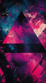 Neon triangle cuts through cosmic grunge textures boldly.