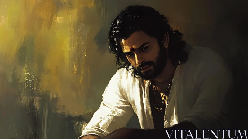 Contemplative man in chiaroscuro lighting rendered as digital painting